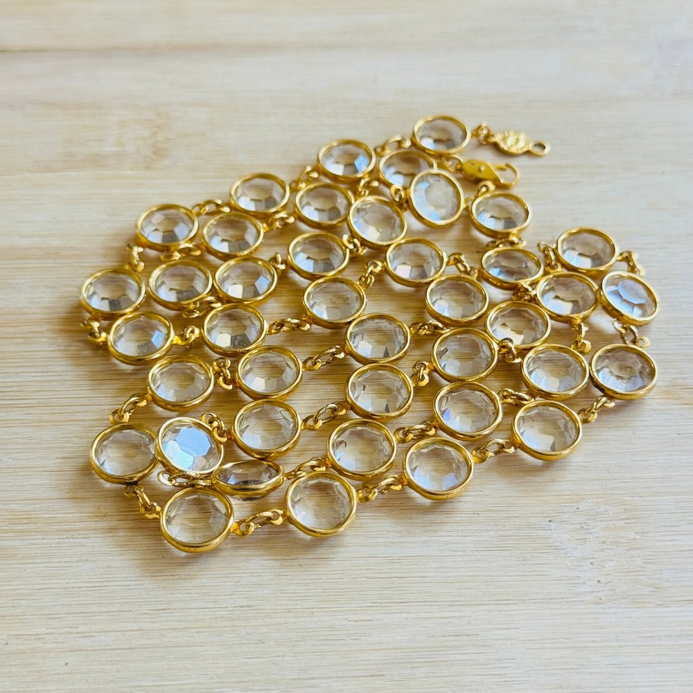 VTG Open Bezel Austrian Clear Crystal Necklace Gold Plated Regal 12mm Strand 35" - Picture 6 of 7